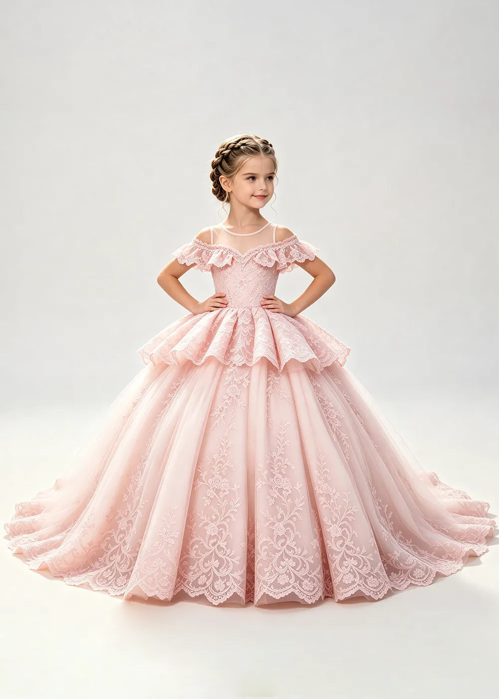 Illusion Neck Tiered Lace Flower Girl Ball Gown Dress