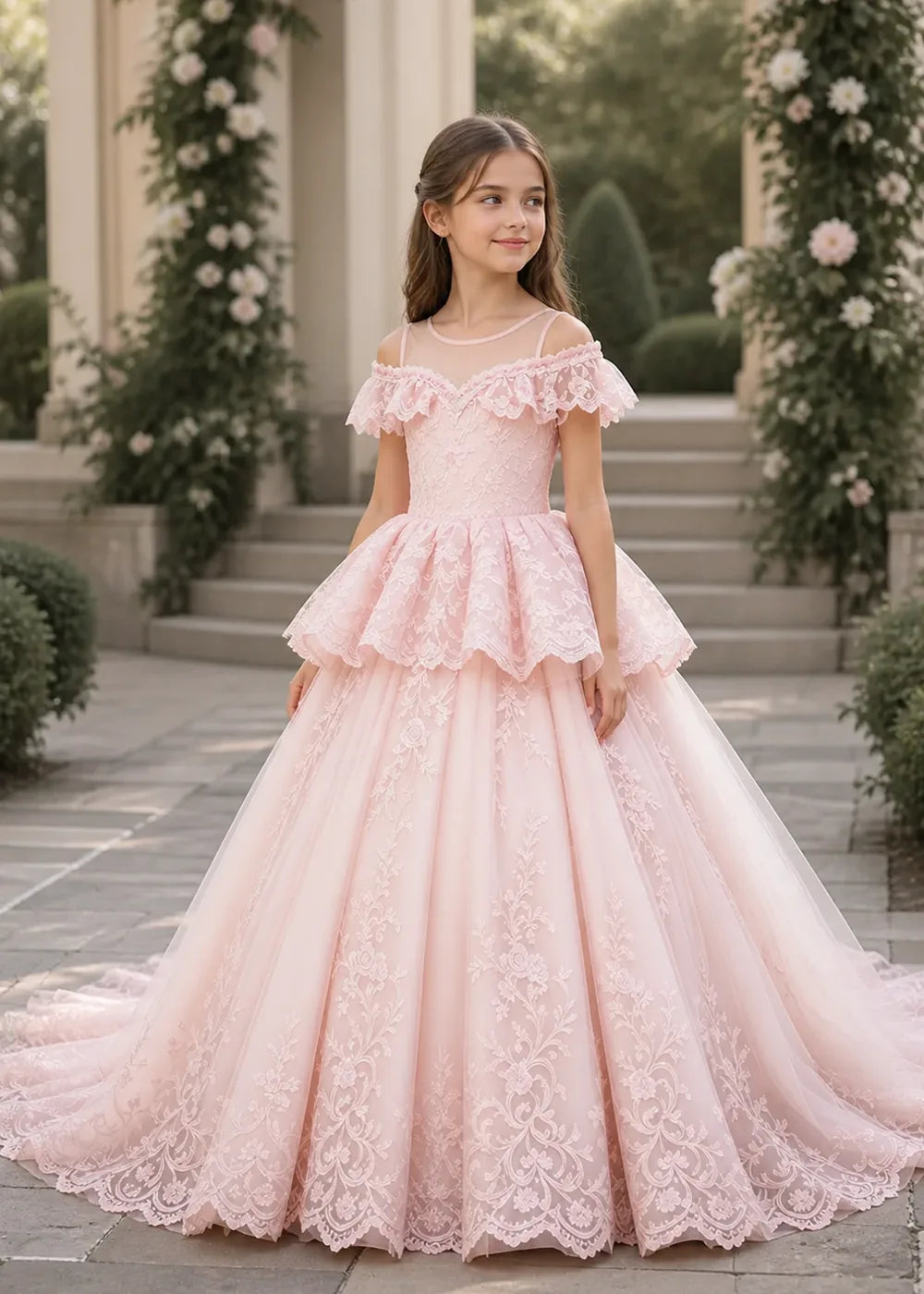Illusion Neck Tiered Lace Flower Girl Ball Gown Dress