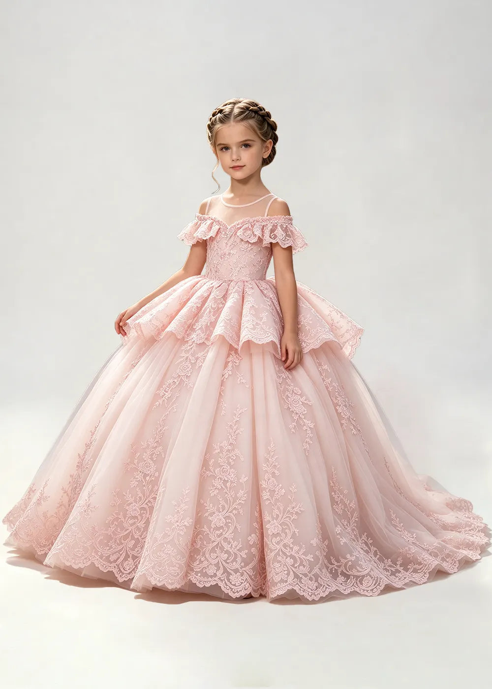 Illusion Neck Tiered Lace Flower Girl Ball Gown Dress