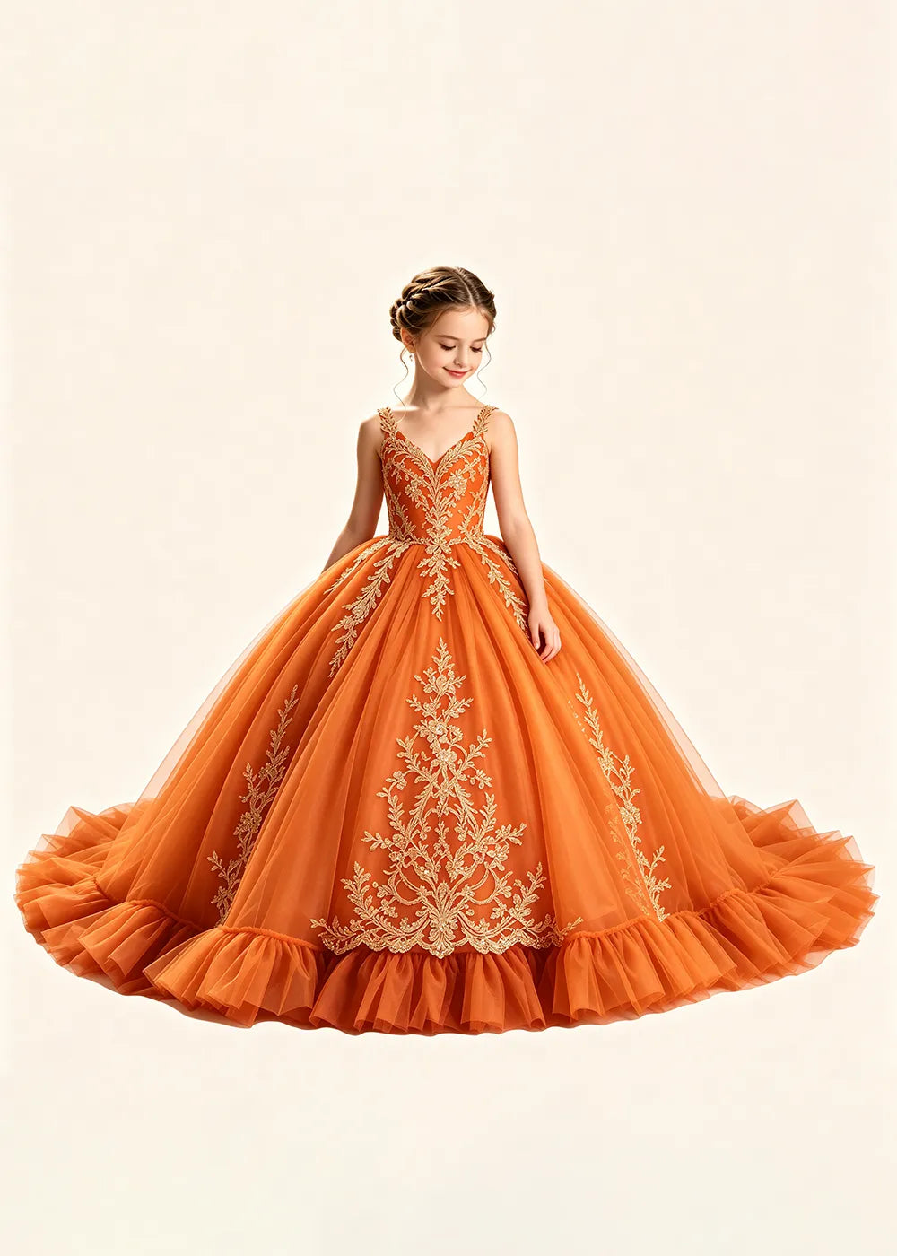 Gold Appliqué V-Neck Princess Dress for Girls