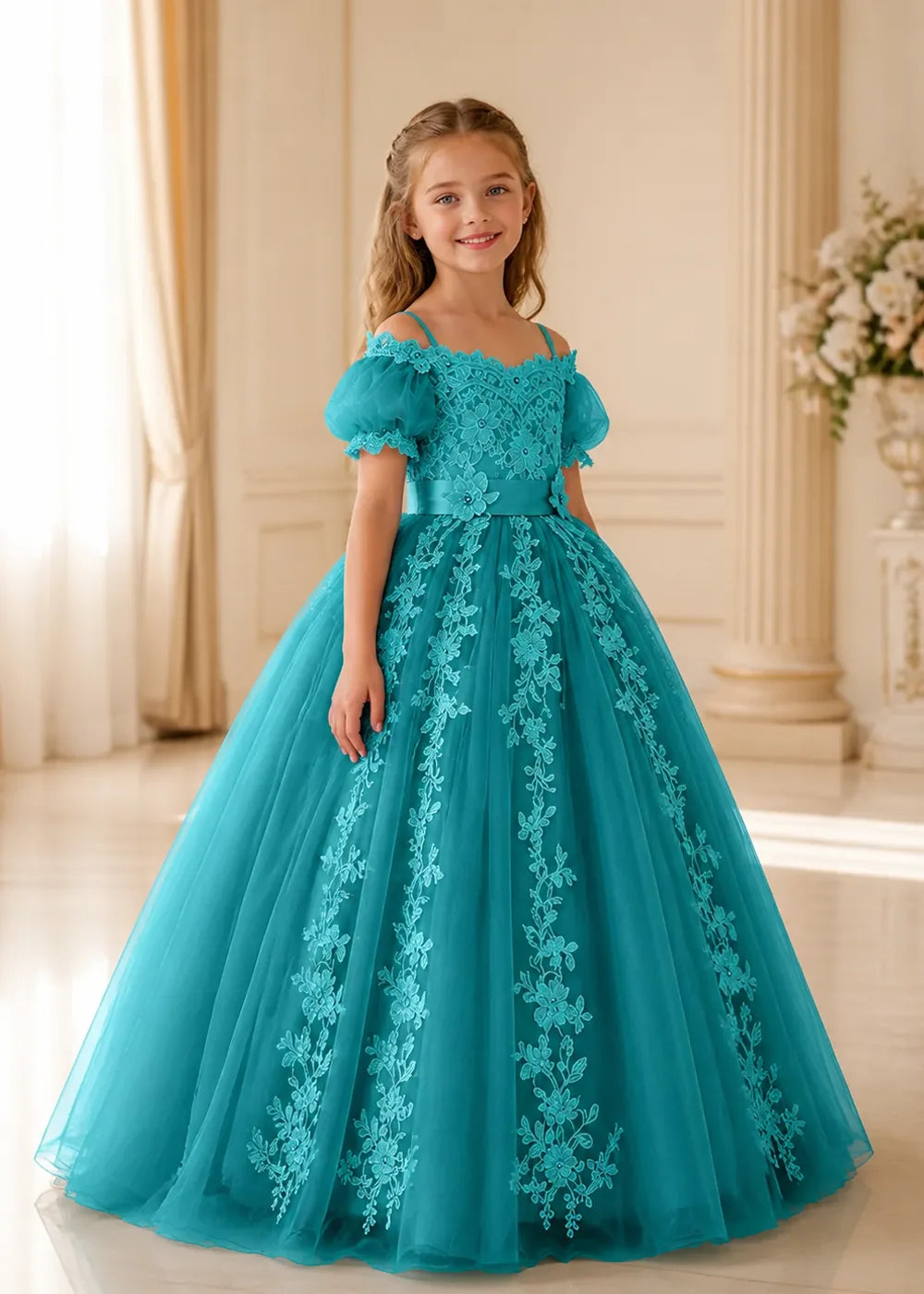 Puff Sleeve Floral Lace Princess Dress for Girls