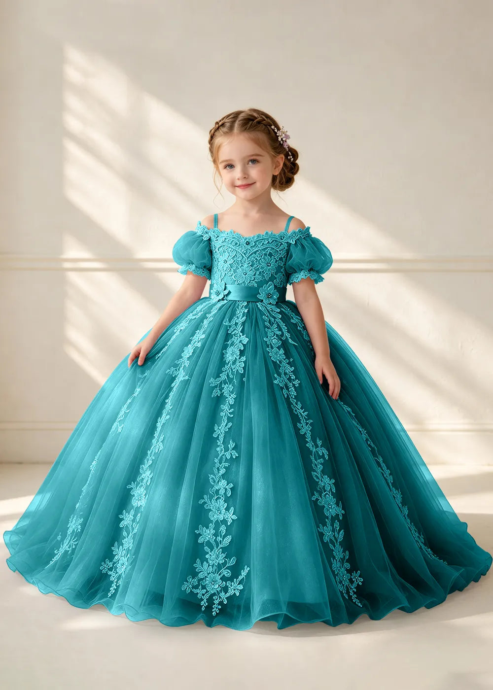 Puff Sleeve Floral Lace Princess Dress for Girls