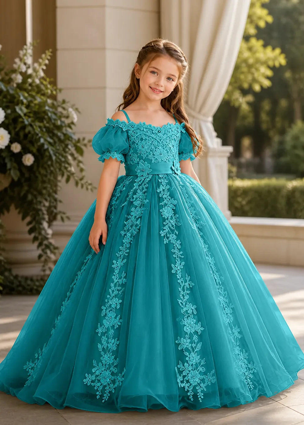 Puff Sleeve Floral Lace Princess Dress for Girls