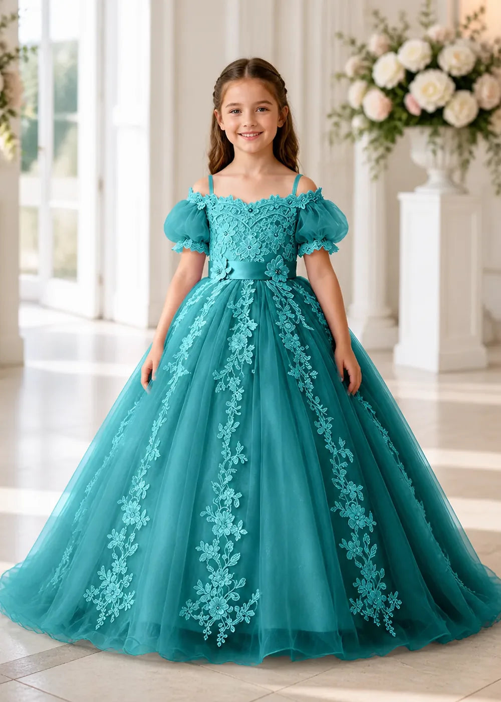 Puff Sleeve Floral Lace Princess Dress for Girls