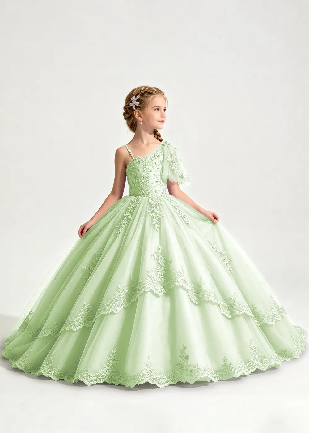 One-Shoulder Floral Lace Flower Girl Ball Gown Dress