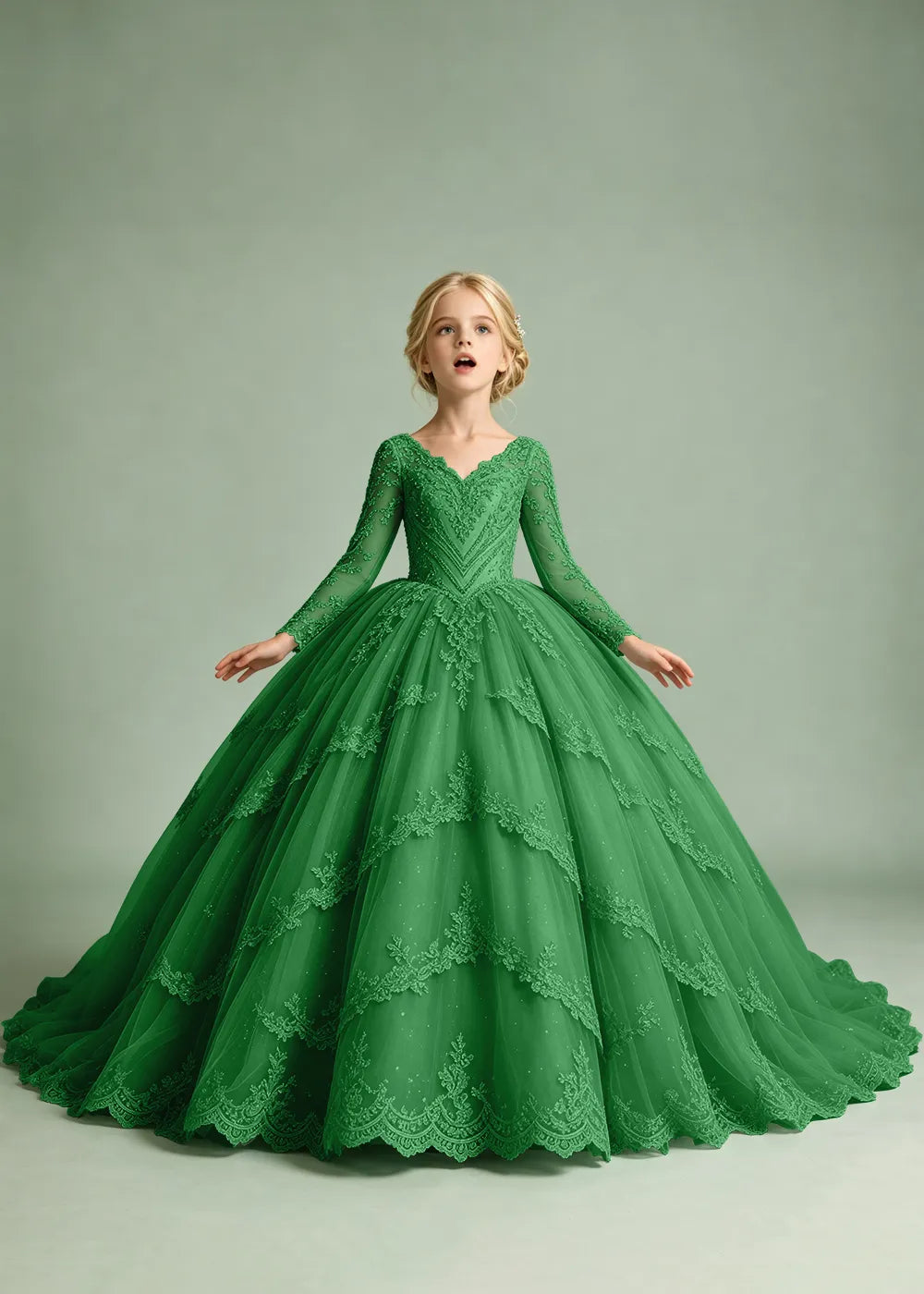 Long Sleeve Floral Lace Flower Girl Ball Gown Dress