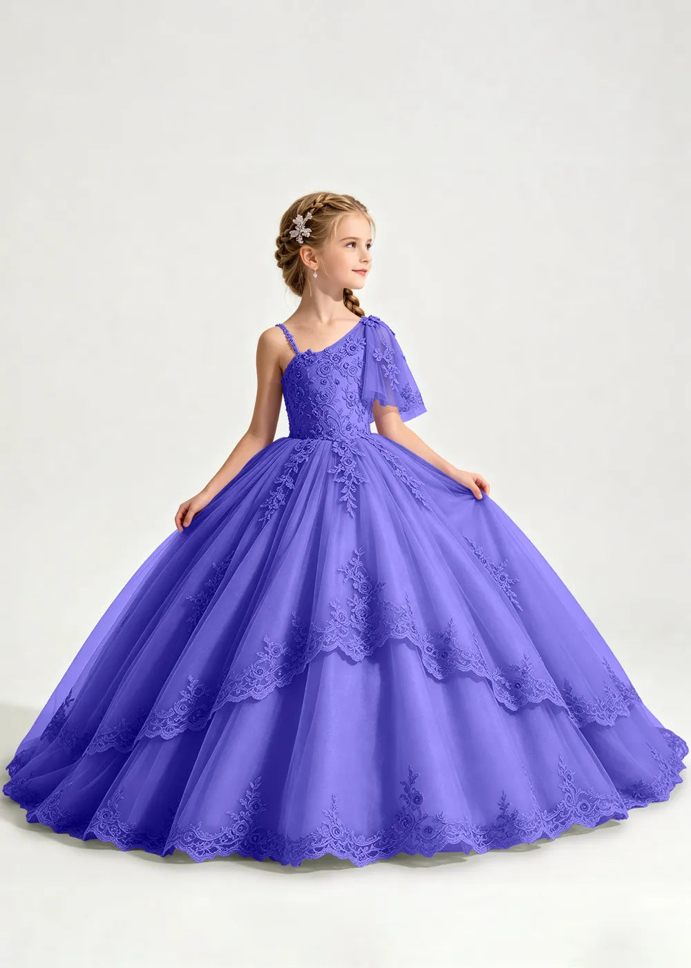 One-Shoulder Floral Lace Princess Dress for Girls