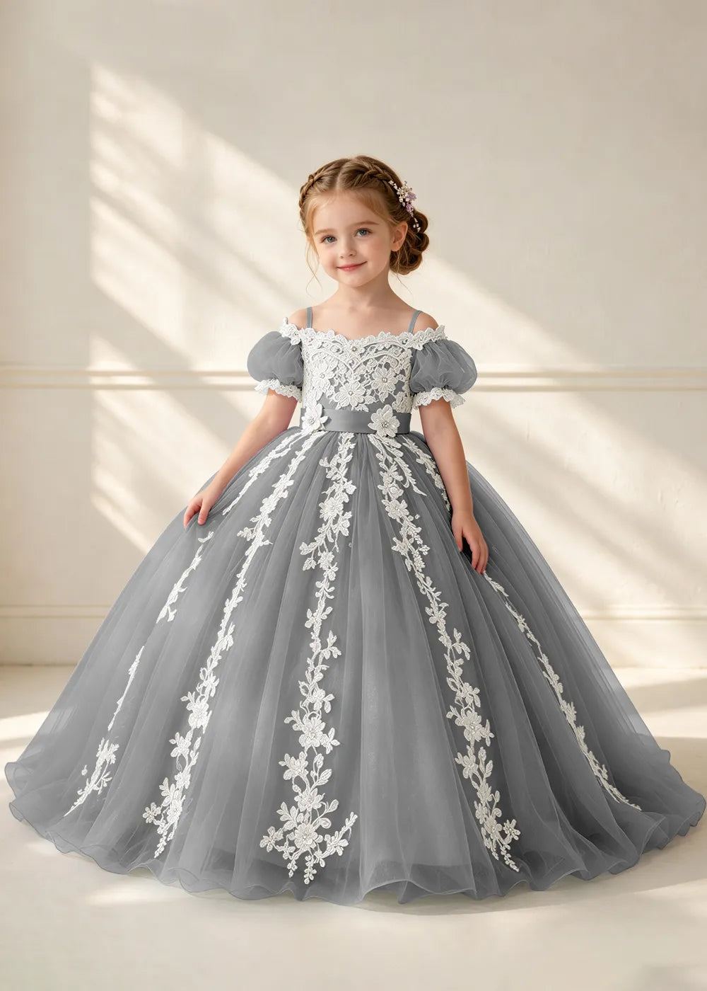 Puff Sleeve Floral Lace Princess Dress for Girls