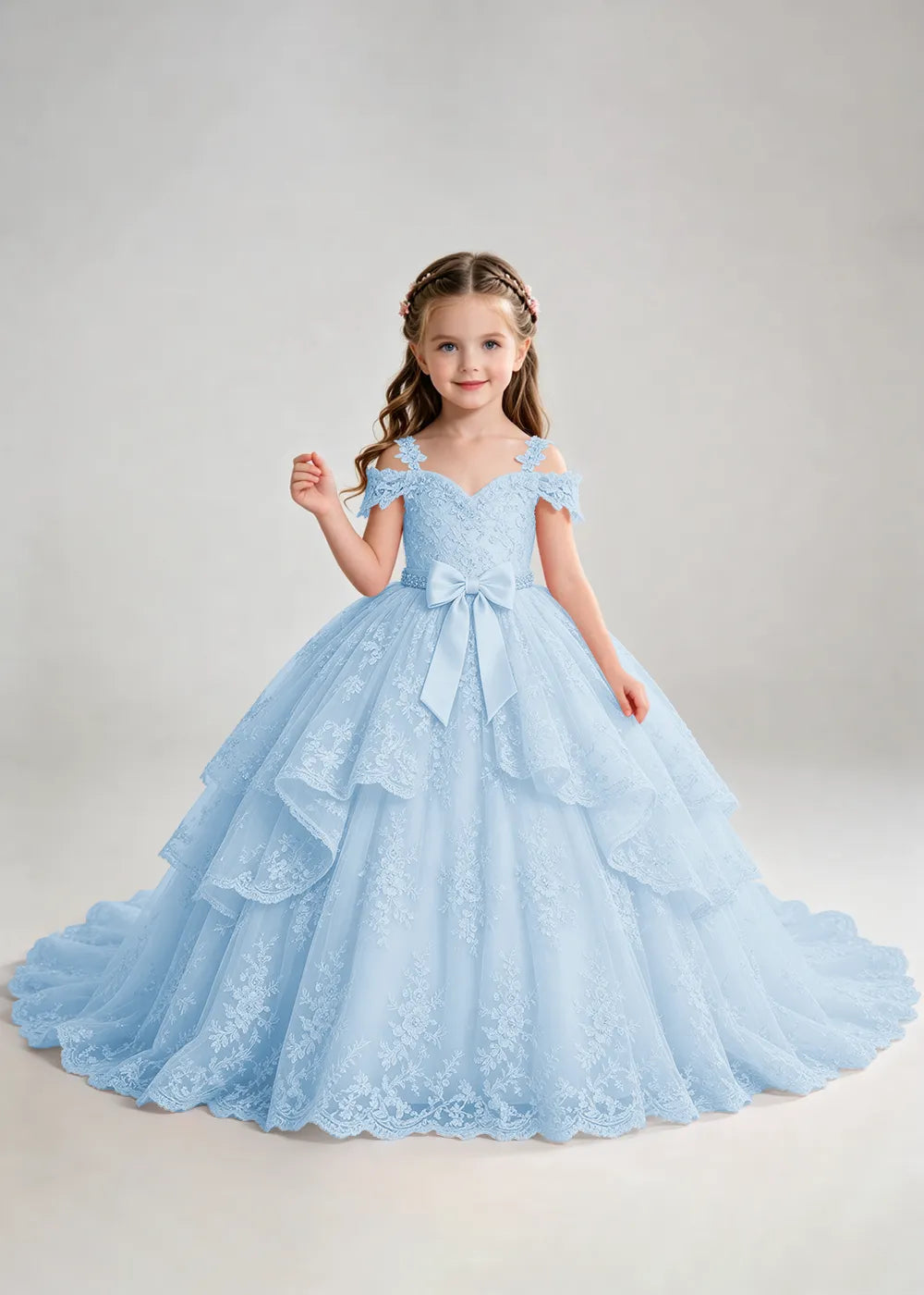 Bow Waist Floral Lace Princess Dress for Girls