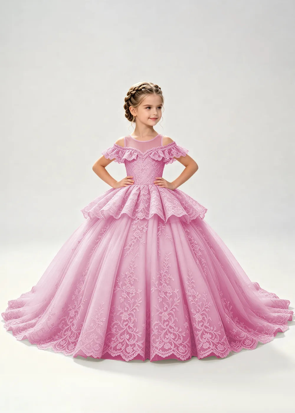 Illusion Neck Tiered Lace Flower Girl Ball Gown Dress