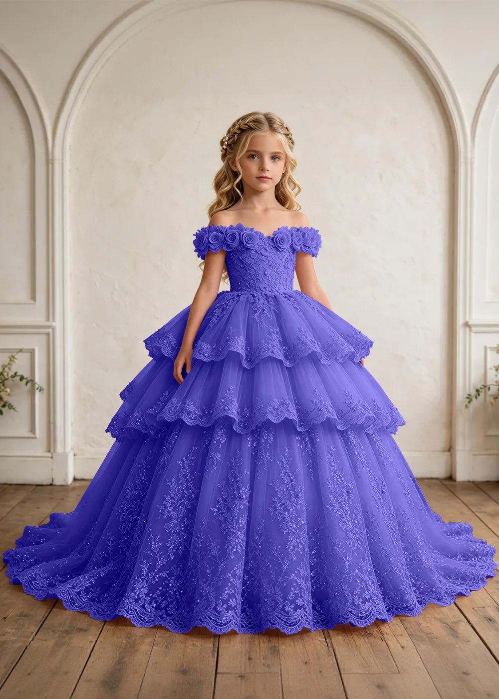 Off Shoulder Floral Lace Princess Ball Gown for Girls