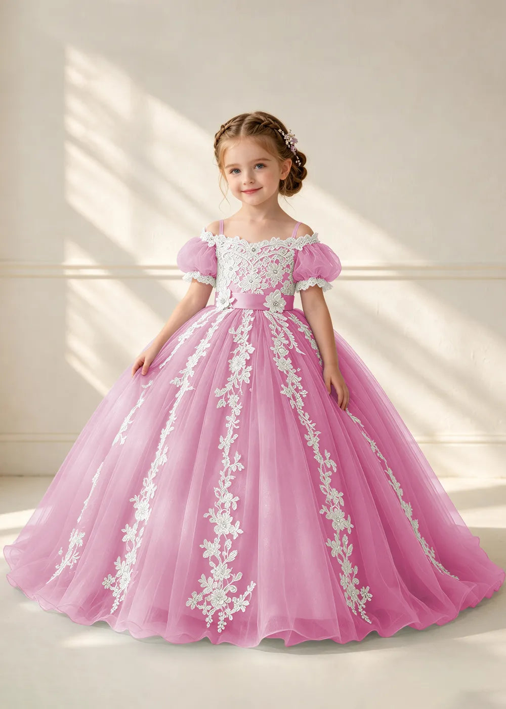 Puff Sleeve Floral Lace Flower Girl Ball Gown Dress