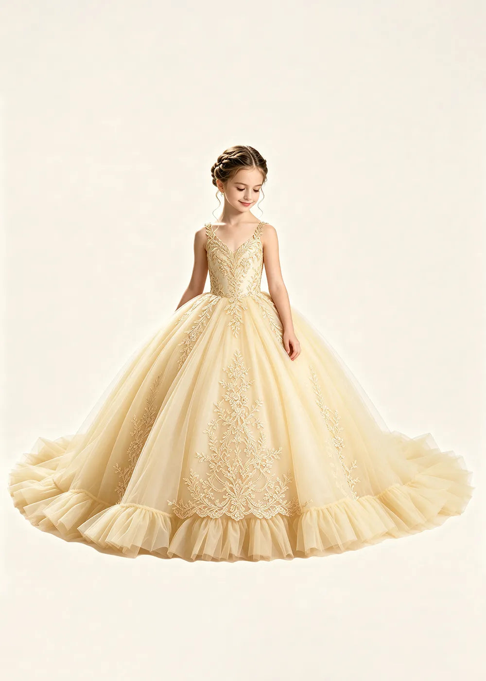 Gold Appliqué V-Neck Princess Dress for Girls