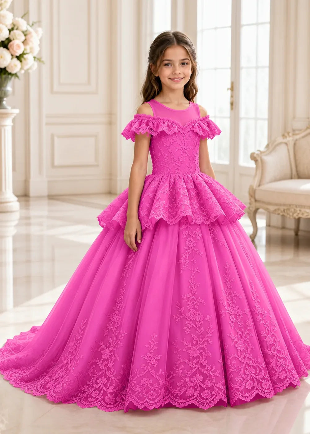 Illusion Neck Tiered Lace Princess Dress for Girls