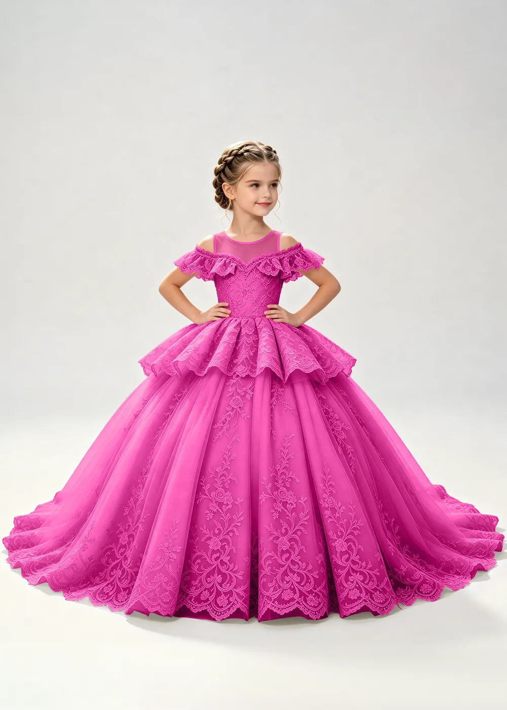 Illusion Neck Tiered Lace Princess Dress for Girls