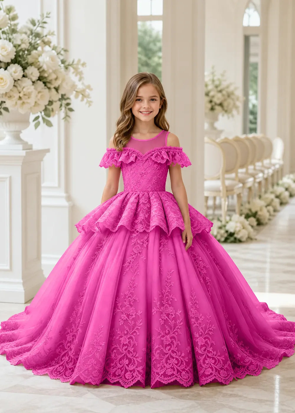 Illusion Neck Tiered Lace Princess Dress for Girls