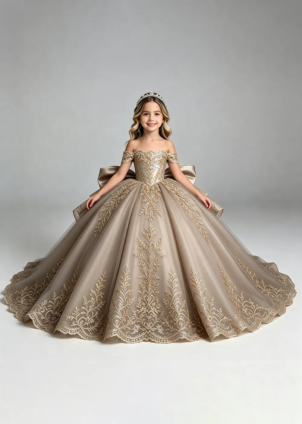 Off-Shoulder Lace Flower Girl Dress with Bow and Scalloped Hem