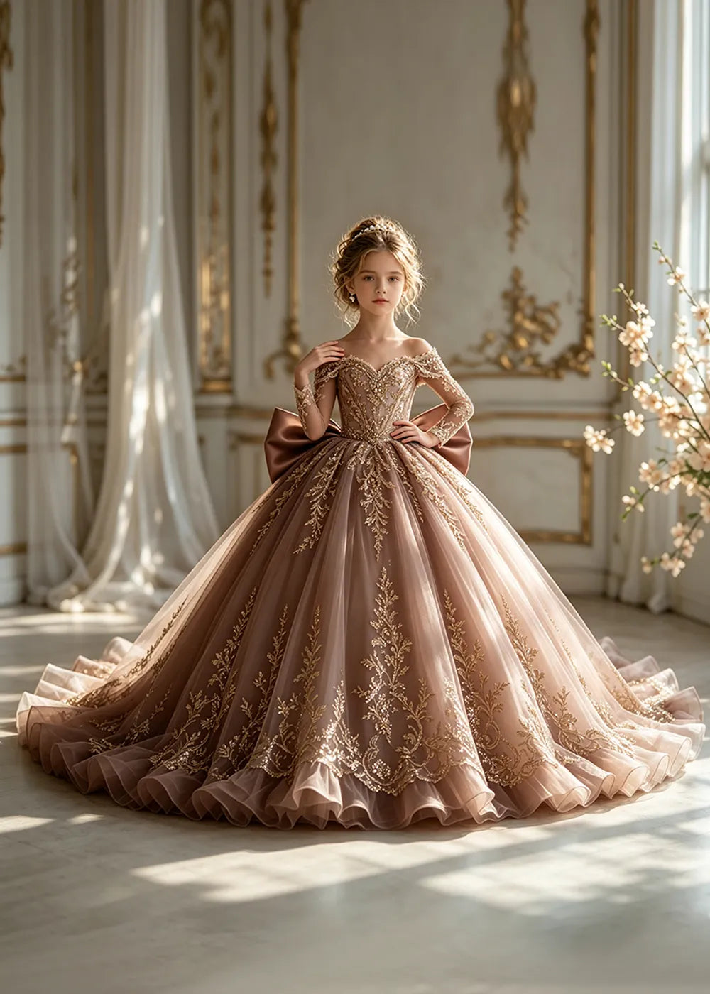 Off-Shoulder Sequin Lace Flower Girl Dress with Bow and Flounced Hem