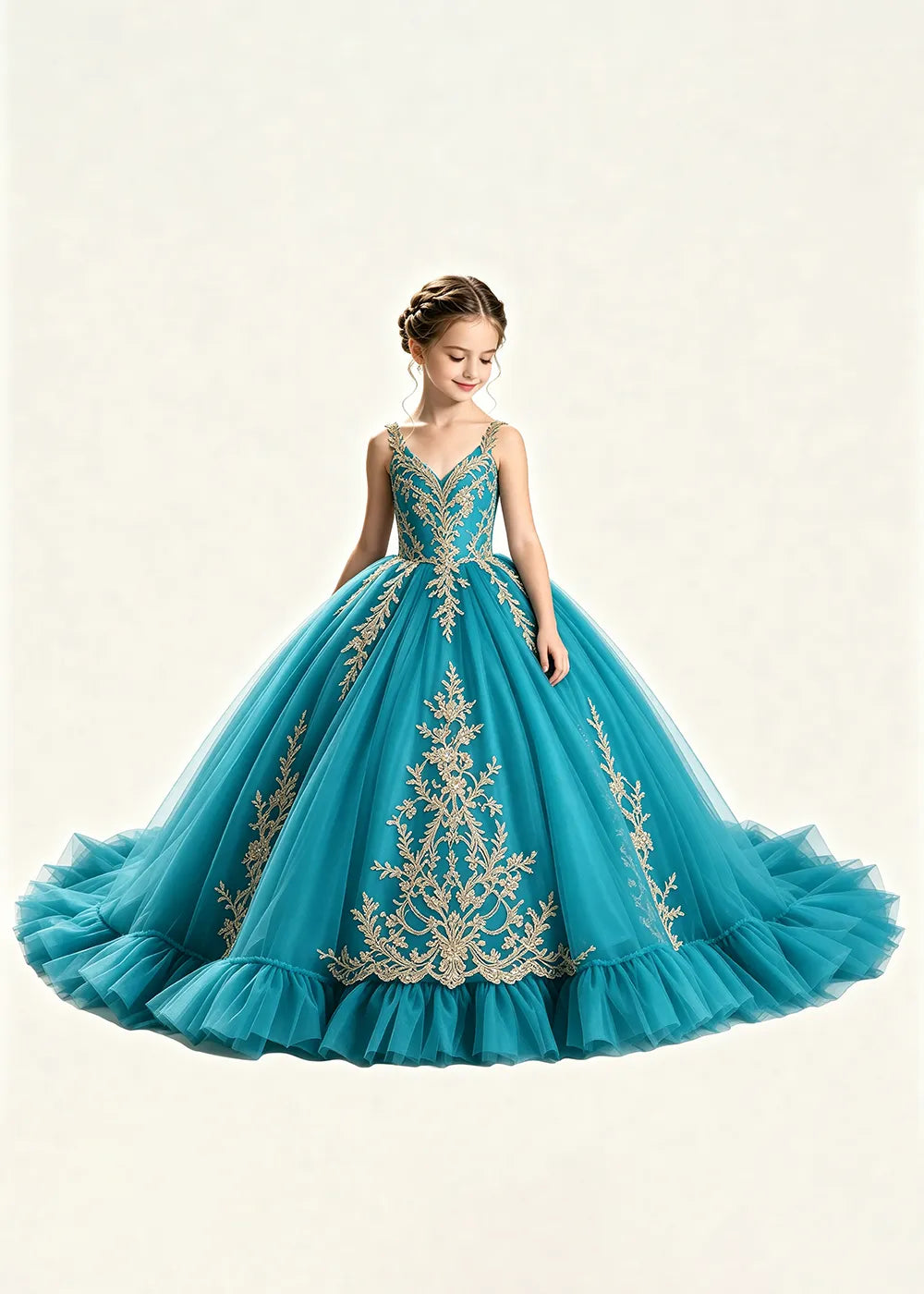Gold Appliqué V-Neck Princess Dress for Girls