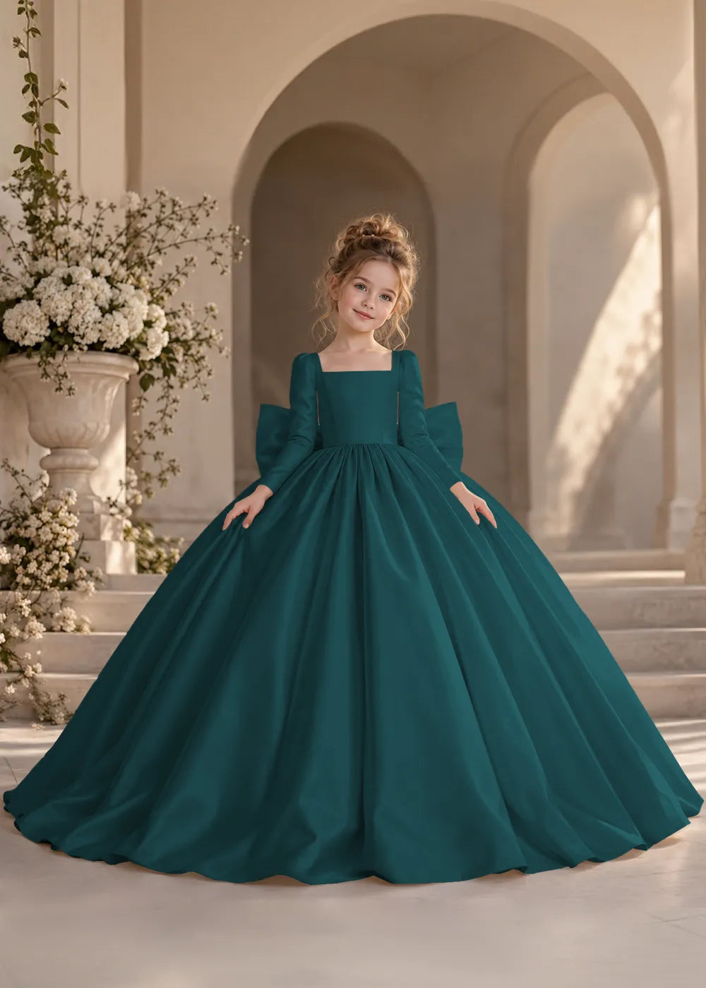 Dusty Blue Long-Sleeve Flower Girl Dress with a Full Skirt and Bow