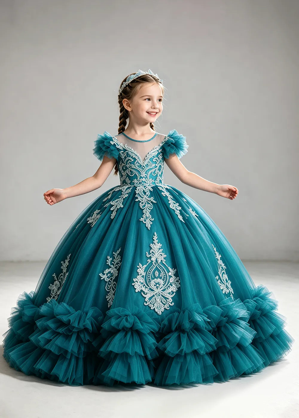 Navy Flower Girl Ball Gown with White Floral Appliqués