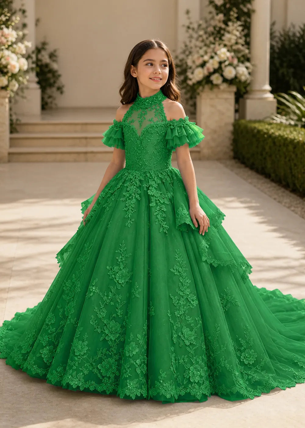 Illusion Neck Peplum Lace Princess Dress for Girls