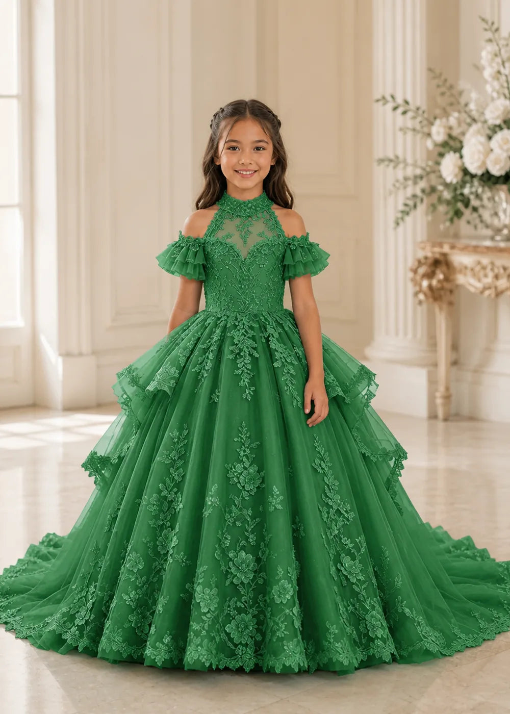 Illusion Neck Peplum Lace Princess Dress for Girls
