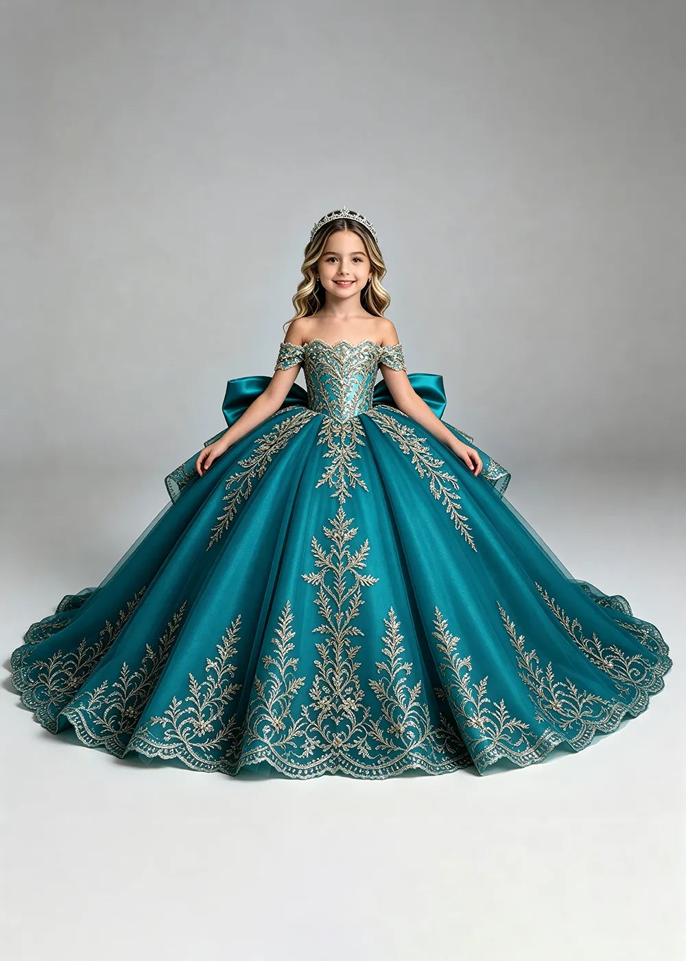 Off-Shoulder Lace Flower Girl Dress with Bow and Scalloped Hem