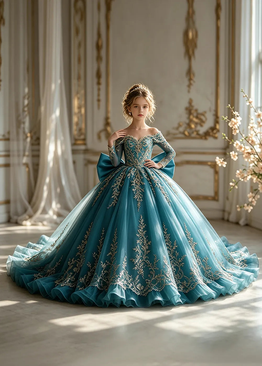 Off-Shoulder Sequin Lace Flower Girl Dress with Bow and Flounced Hem