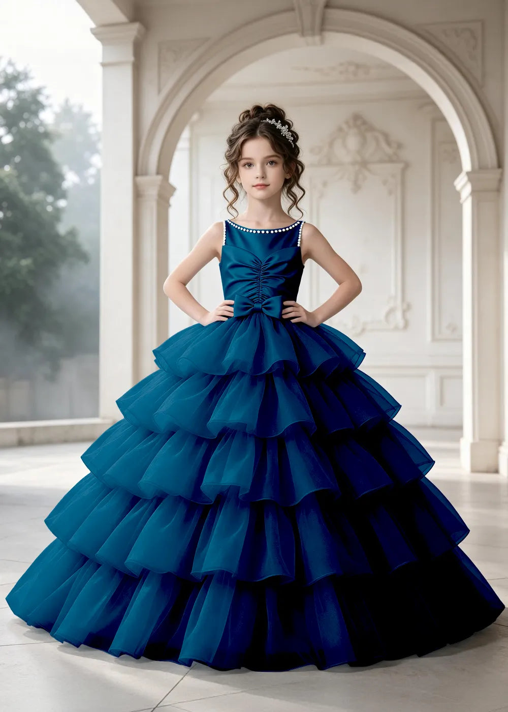Flower girl dress in Teal, front view.