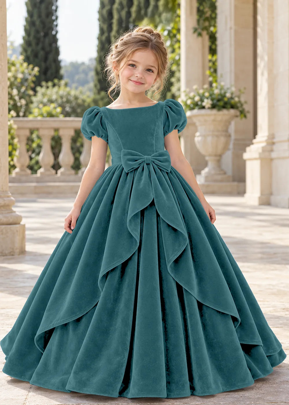 Front view of a child wearing a teal flower girl dress with a square neckline, short puff sleeves and a large velvet bow above a full tiered skirt.