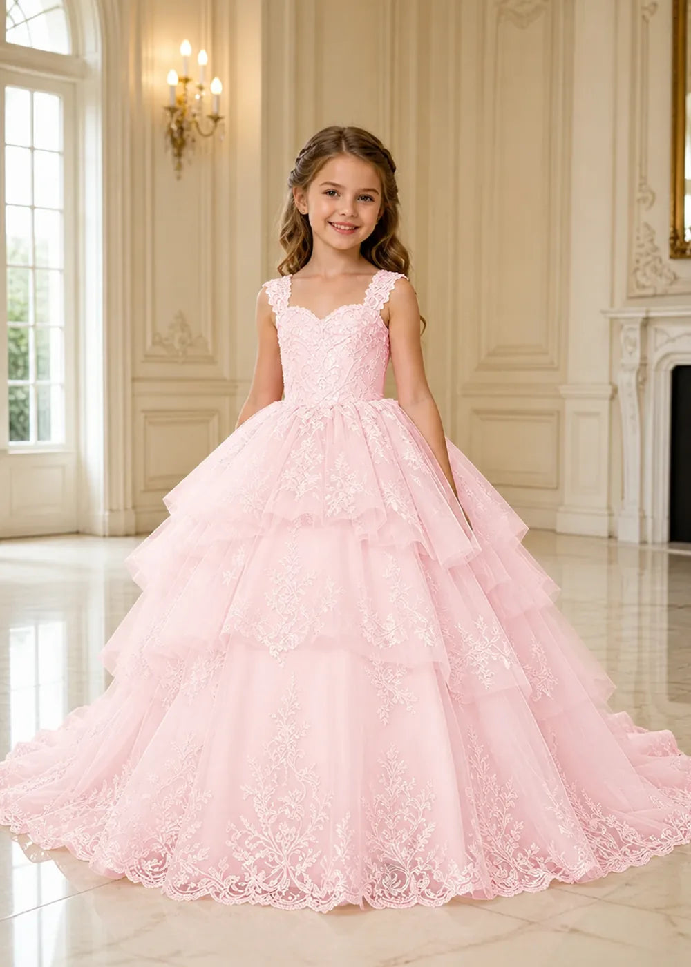 Tiered Lace Sleeveless Princess Dress for Girls