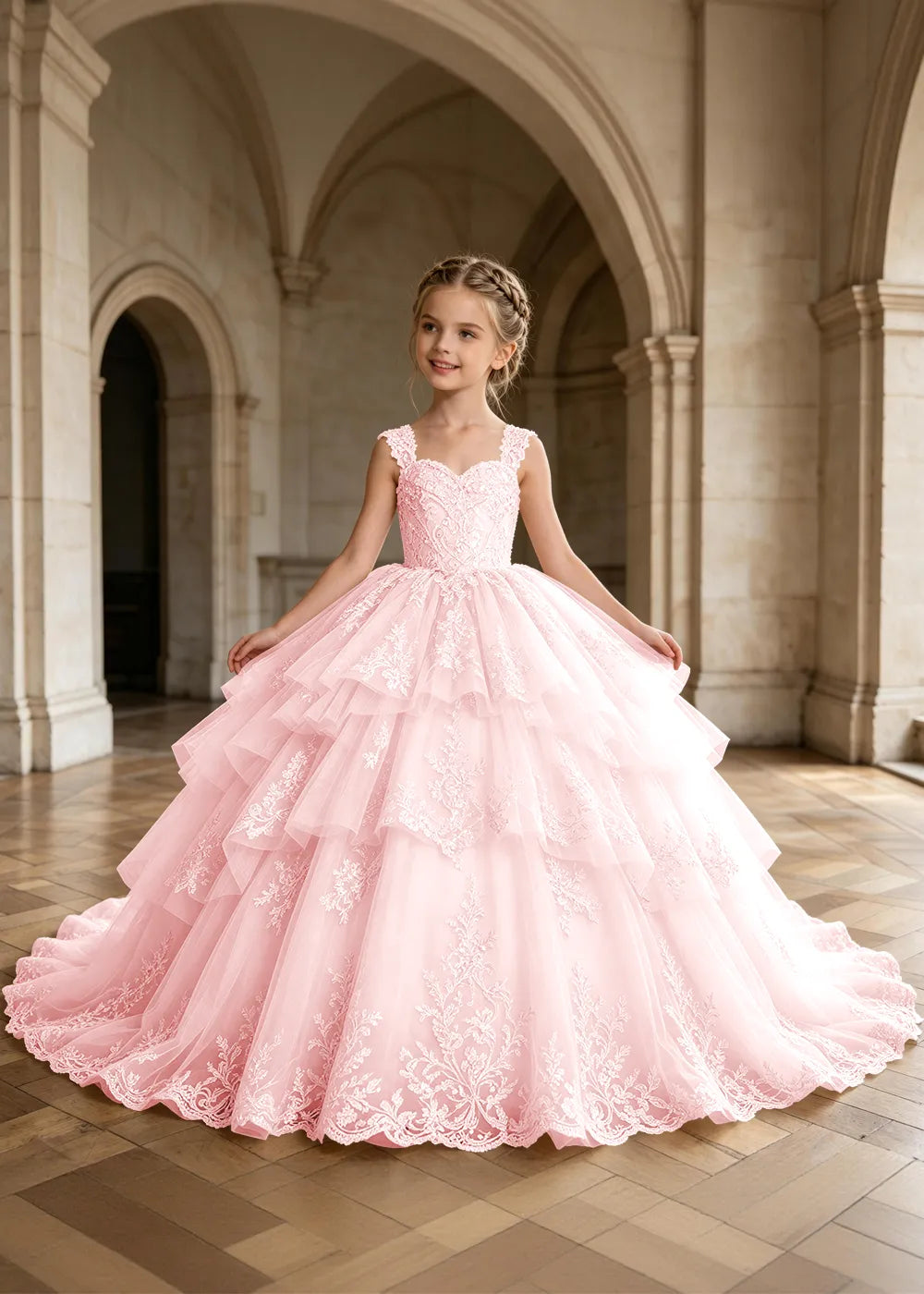 Tiered Lace Sleeveless Princess Dress for Girls