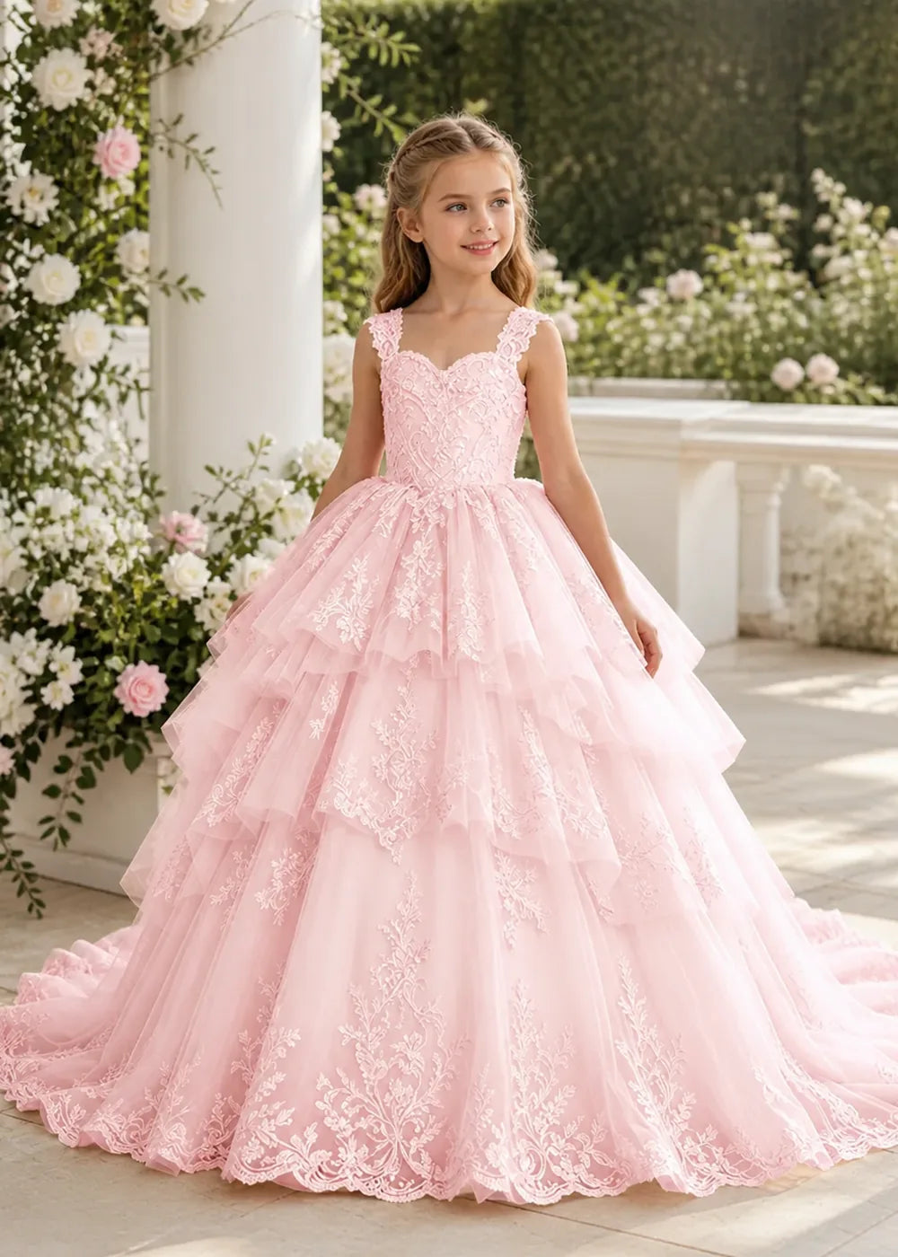 Tiered Lace Sleeveless Princess Dress for Girls