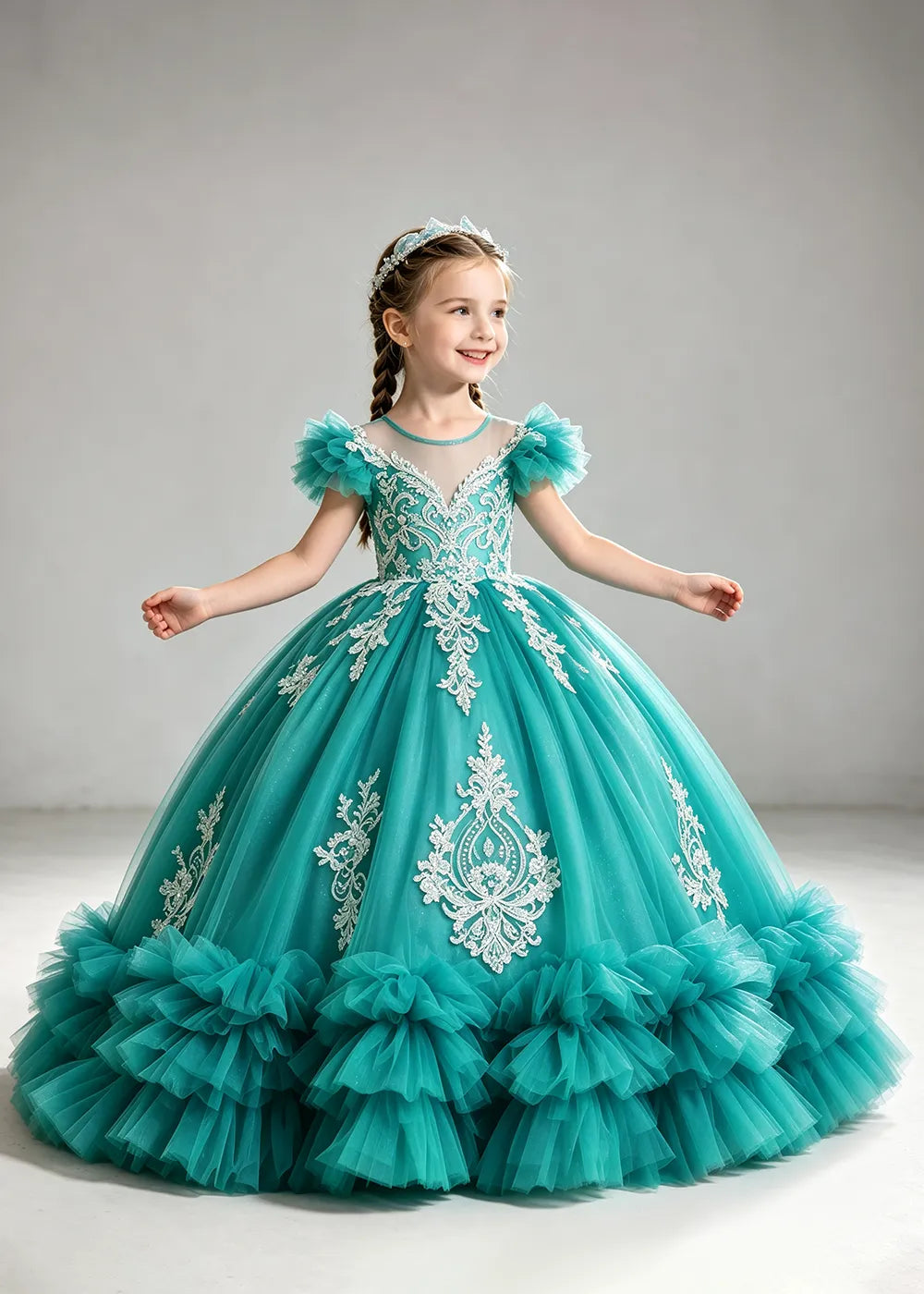 Navy Flower Girl Ball Gown with White Floral Appliqués