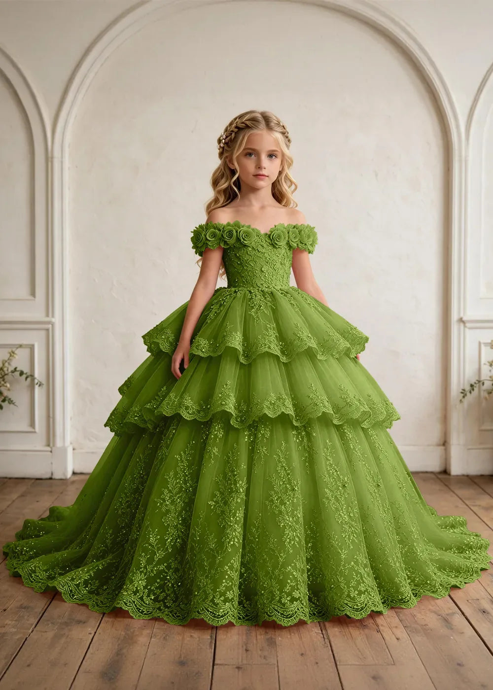 Off Shoulder Floral Lace Princess Ball Gown for Girls