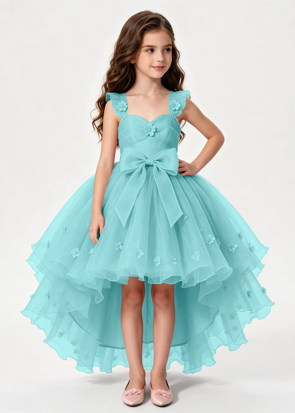 Navy High-Low Flower Girl Gown with Large Front Bow