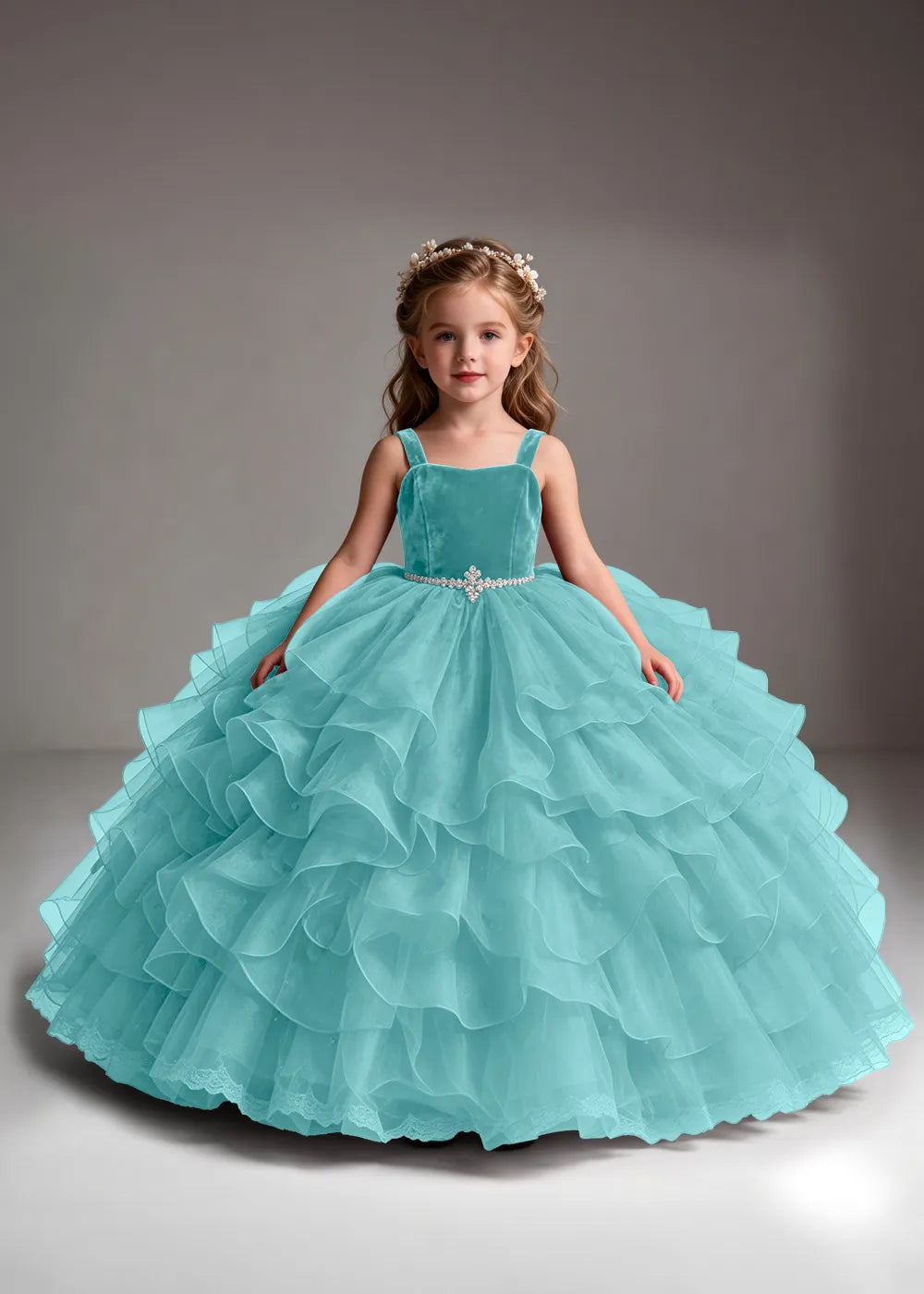 Burgundy Flower Girl Dress with Cascading Ruffles and Jeweled Waist