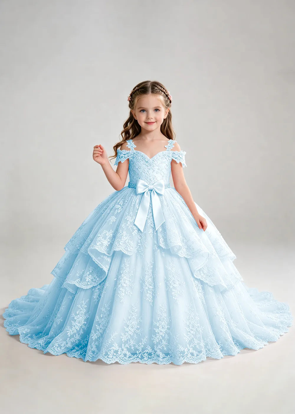Bow Waist Floral Lace Princess Dress for Girls
