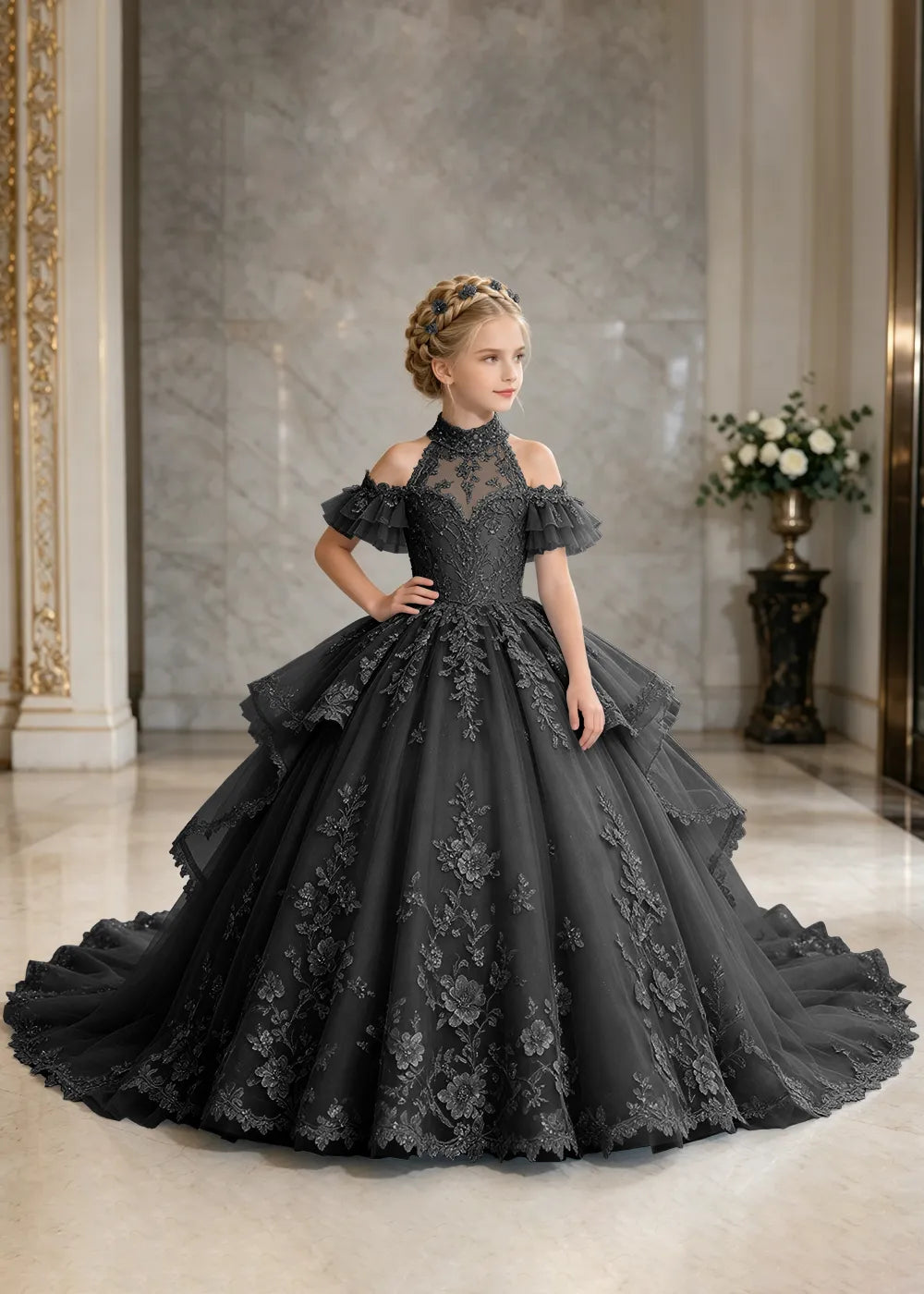 Illusion Neck Peplum Lace Princess Dress for Girls