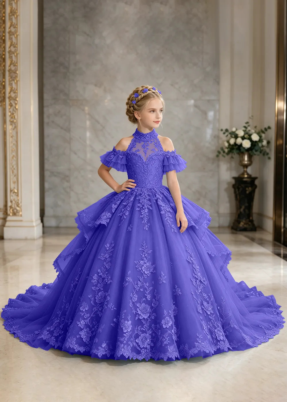 Illusion Neck Peplum Lace Princess Dress for Girls