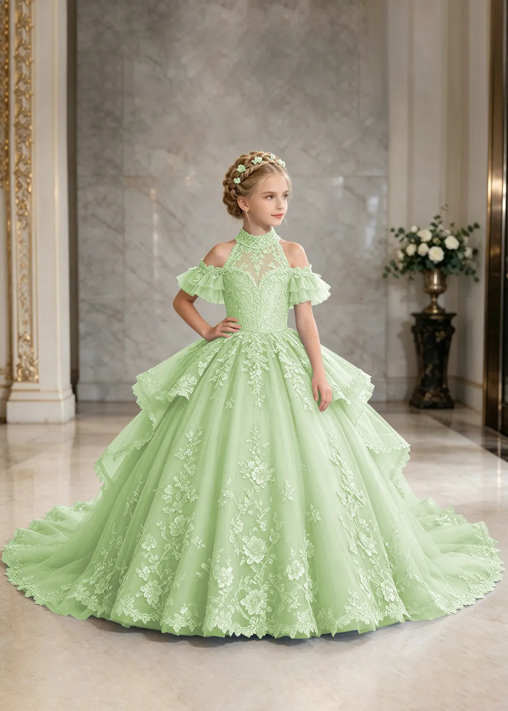 Illusion Neck Peplum Lace Princess Dress for Girls