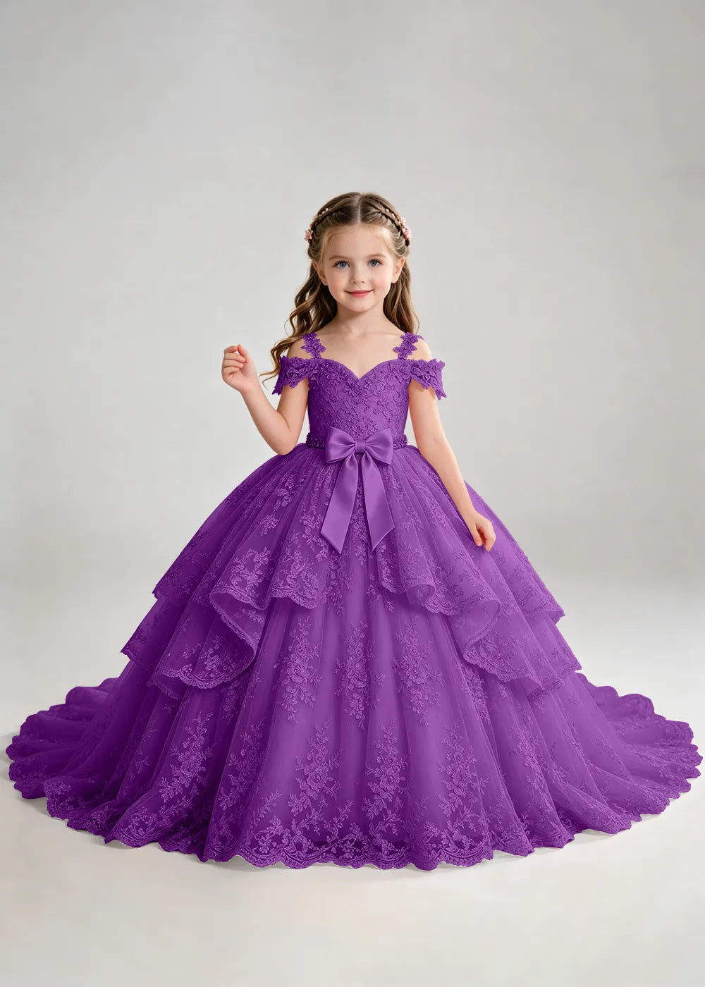 Bow Waist Floral Lace Flower Girl Ball Gown Dress