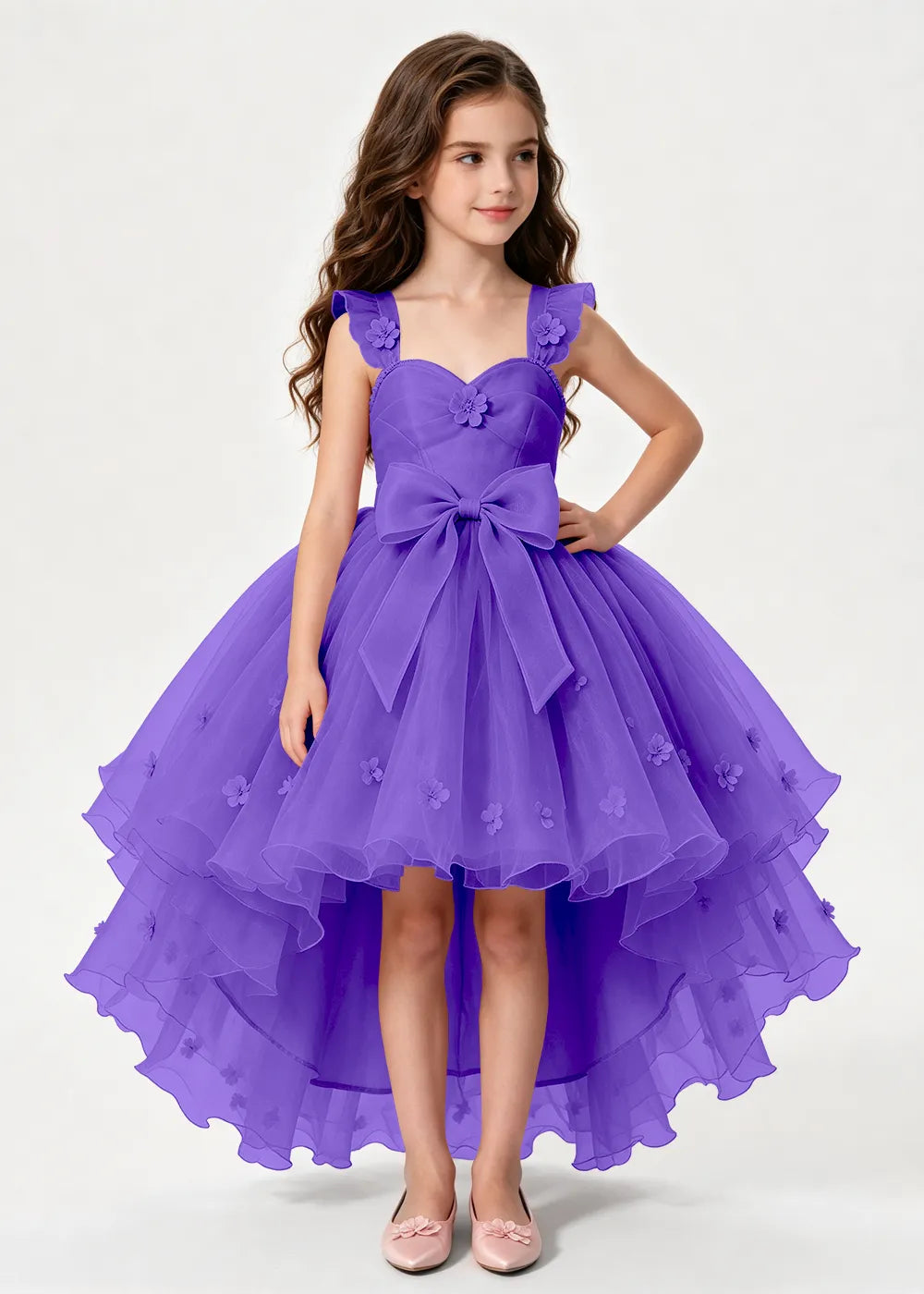 Navy High-Low Flower Girl Gown with Large Front Bow
