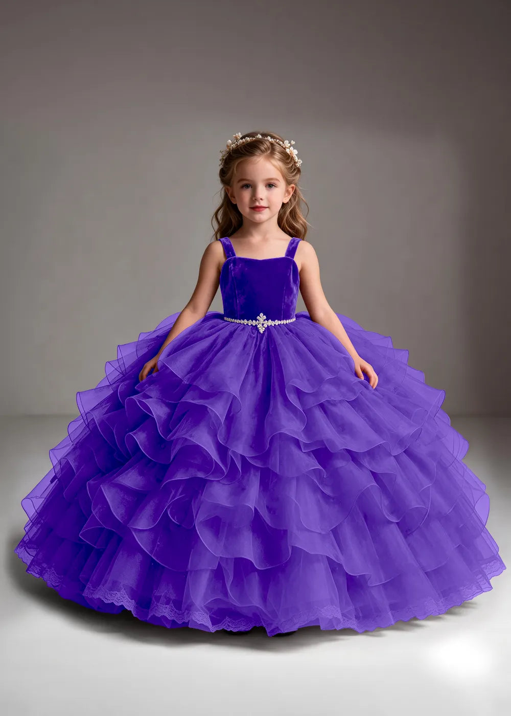 Burgundy Flower Girl Dress with Cascading Ruffles and Jeweled Waist