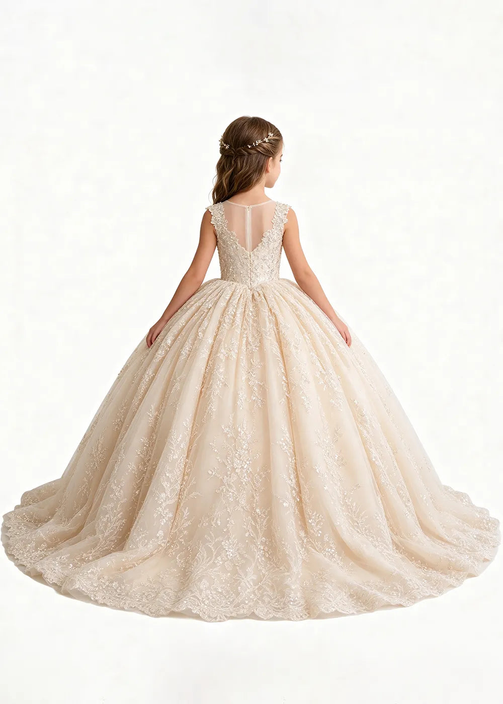 Champagne Flower Girl Gown with Floral Lace and Train