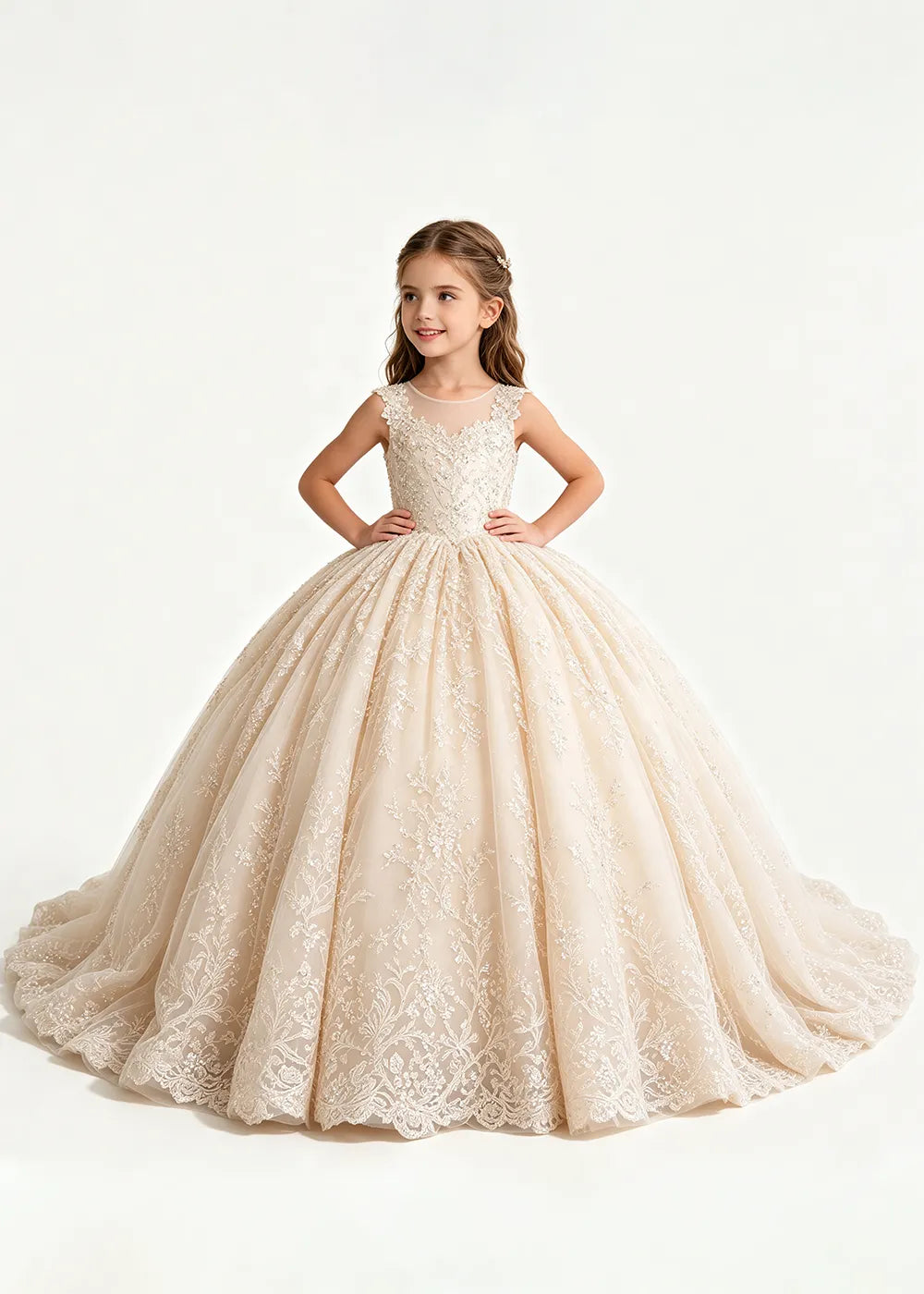 Champagne Flower Girl Gown with Floral Lace and Train