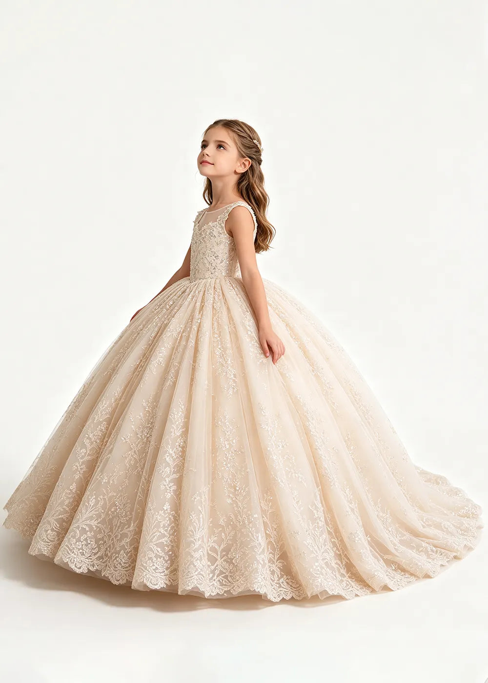 Champagne Flower Girl Gown with Floral Lace and Train
