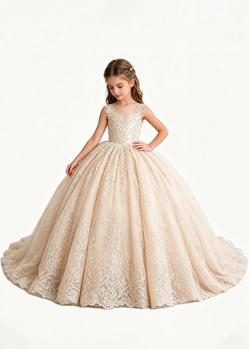 Champagne Flower Girl Gown with Floral Lace and Train