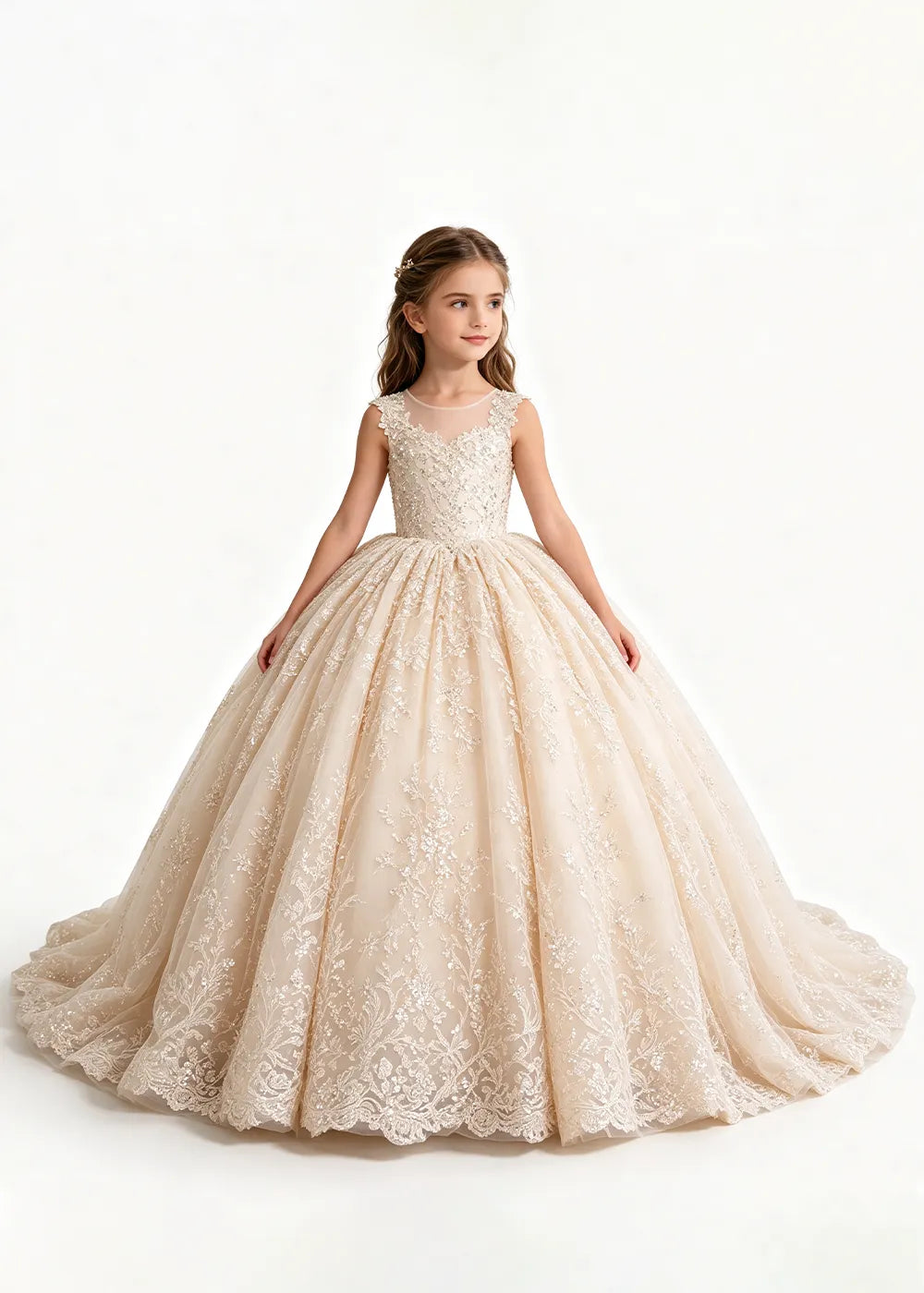 Champagne Flower Girl Gown with Floral Lace and Train